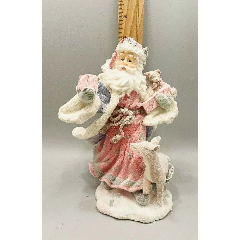 Vintage Flocked Woodland Santa Figurine 8” Toy Bag Frosted Three Hands Corp